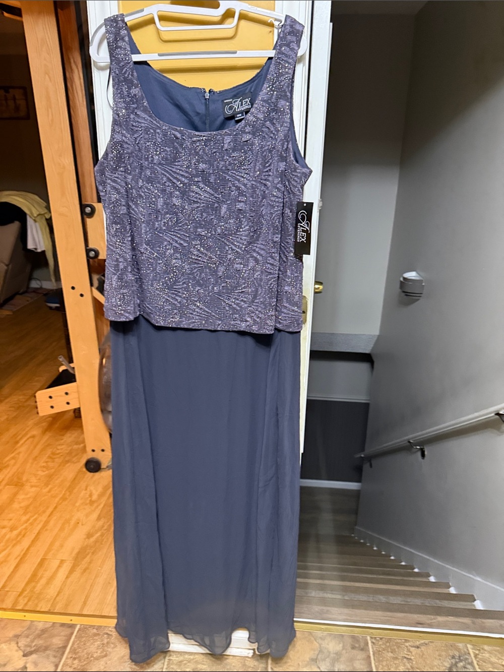 NWT Alex Evenings 14W Smoke Gray Glitter Overlay Formal Evening Gown